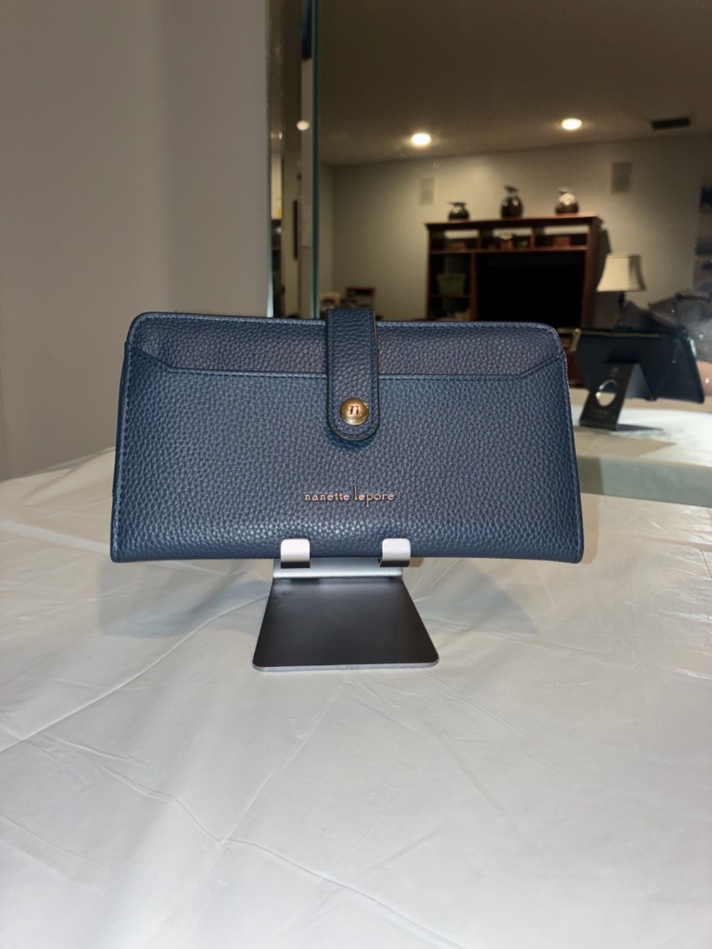 Nanette Lepore Navy Blue Pebbled Leather Bifold Wallet with Gold Hardware - Picture 6 of 12